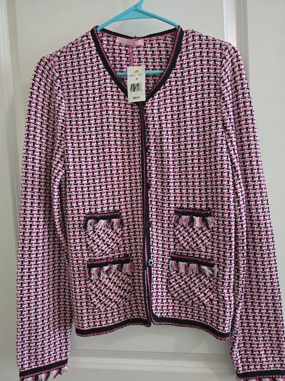 NWT Basler Pink Tweed Fringe-Trim Jacket with Black Piping